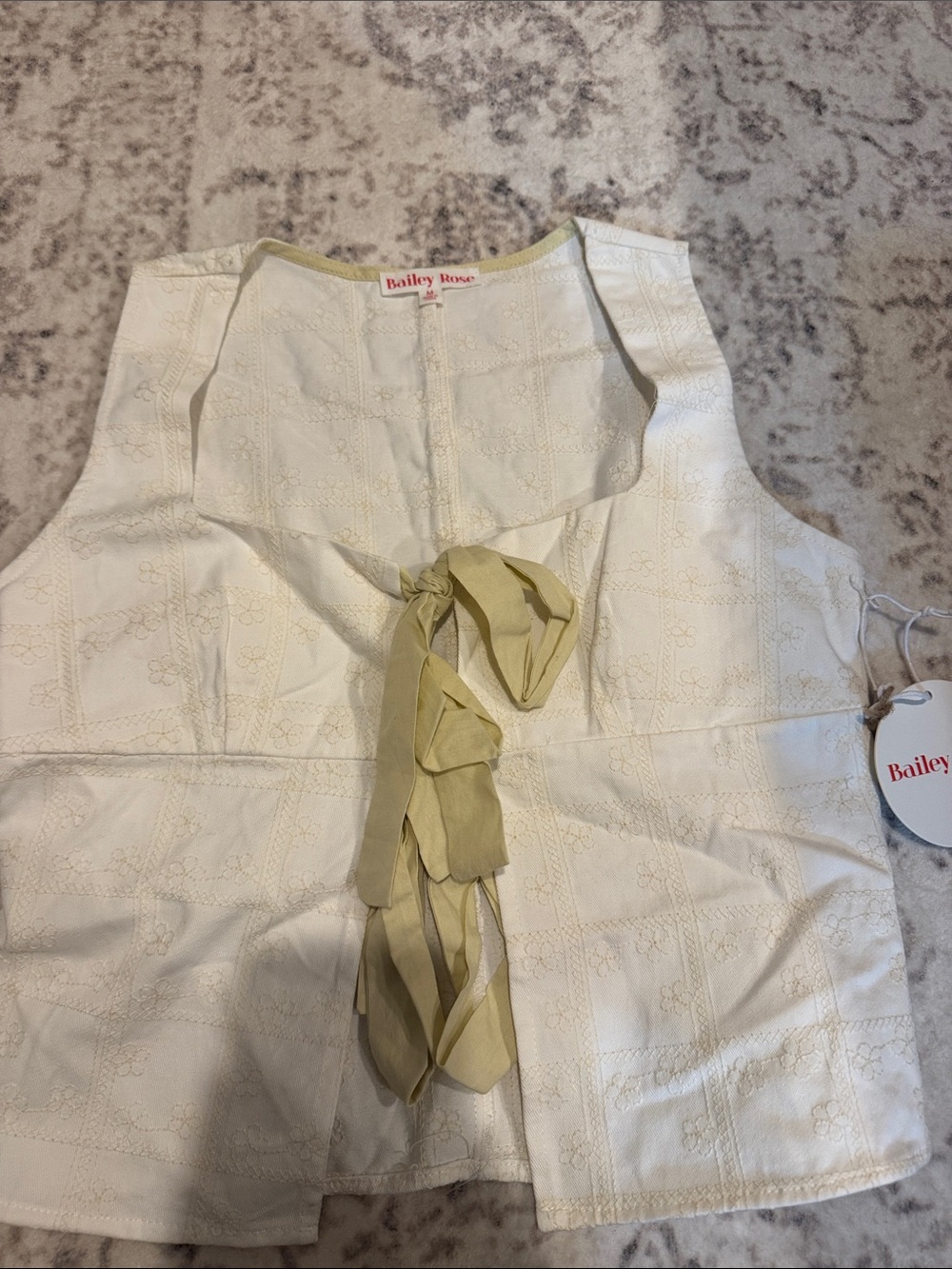 Bailey Rose Women's White Eyelet Tie-Front Vest with Olive Ribbon